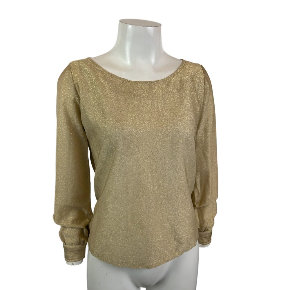 1970s Disco Gold Metallic Lamé Semi Sheer Top Scoop Neck / Women’s Small *